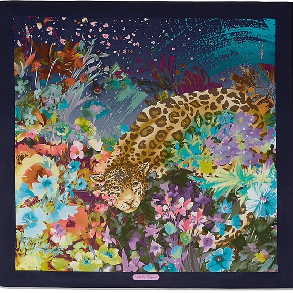 New Salvatore Ferragamo Scarf Leopard Flowers Blue Multicolor Silk Wrap - Picture 2 of 15